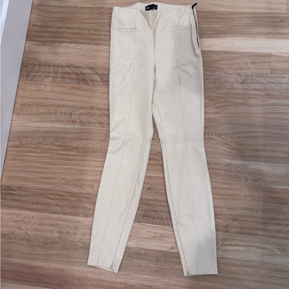 Zara Light Cream Faux Leather Pants